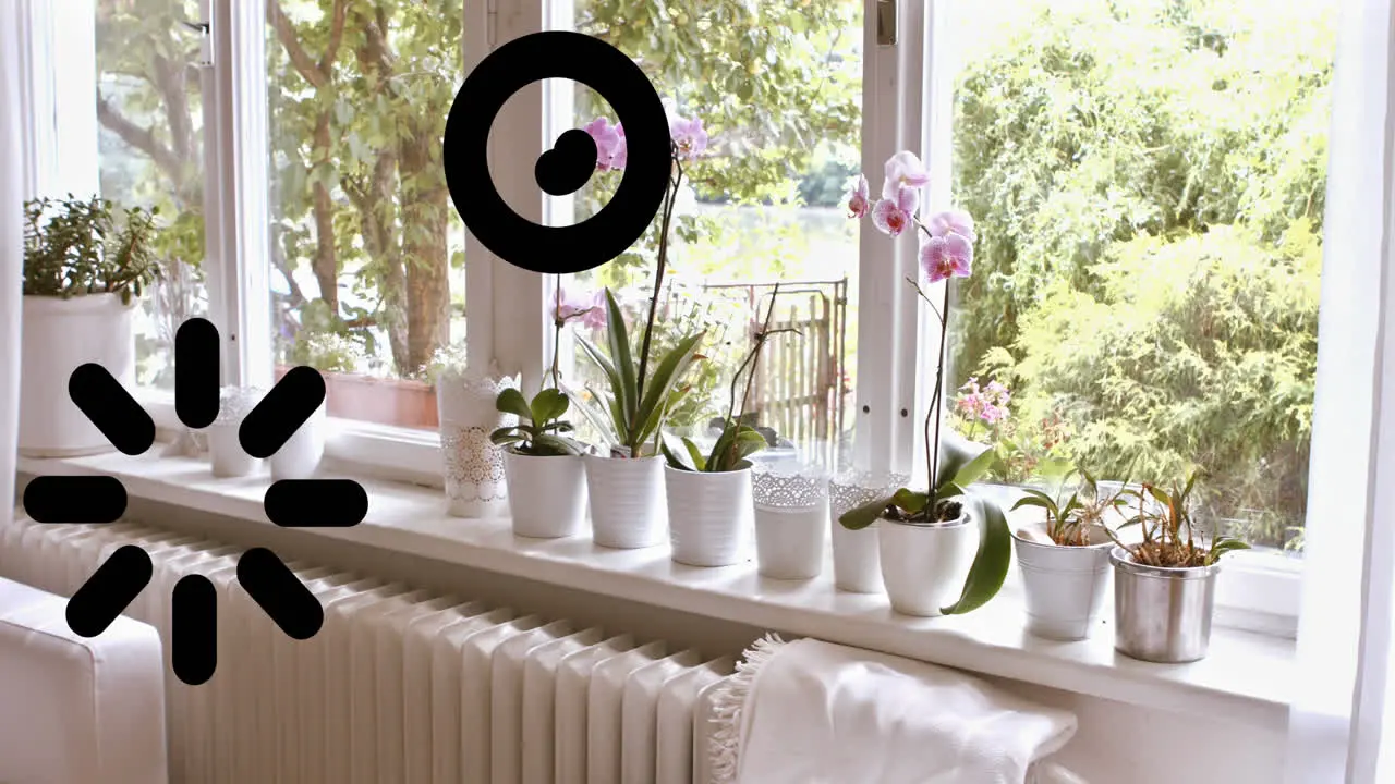 Animation of sun icons over modern interiors with plants and spring garden