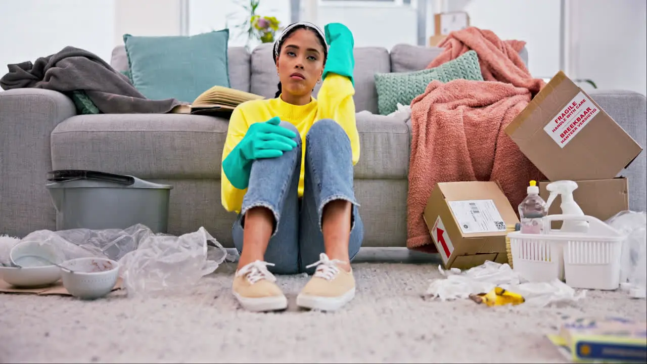 Cleaning frustrated and woman in living room