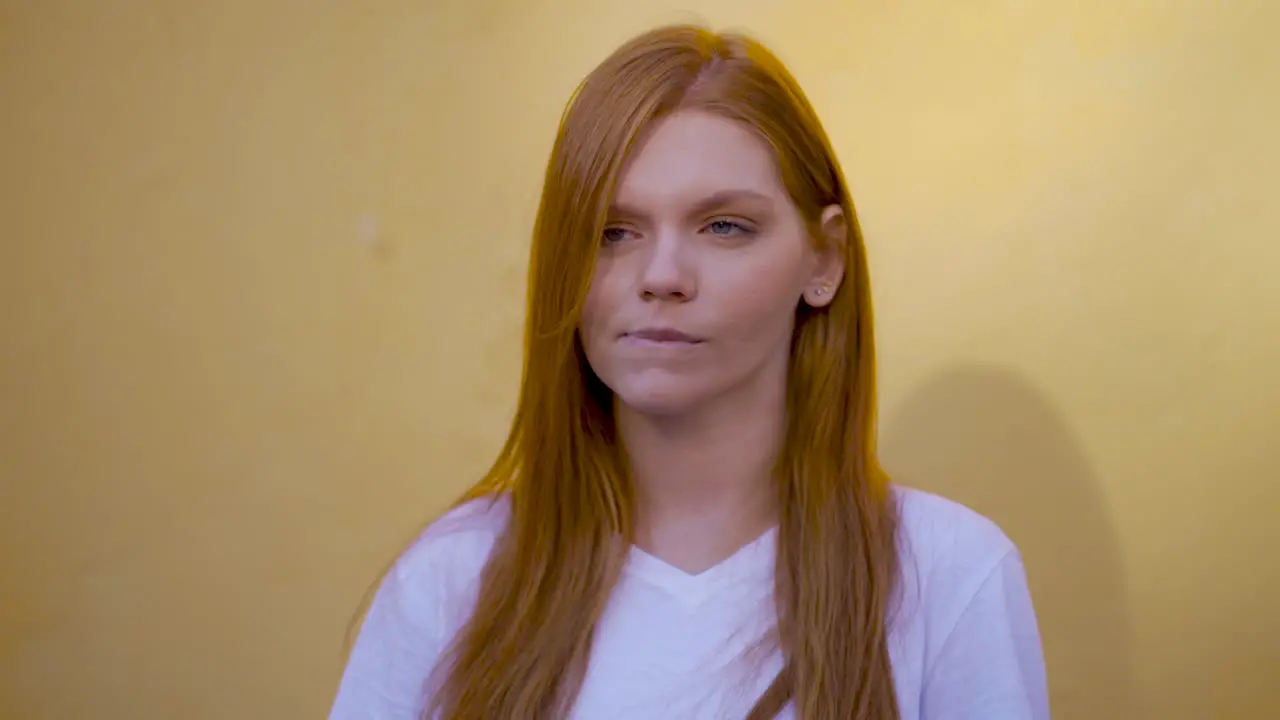 Portrait Of Young Redhead Woman Thinking About Something Happy Smiling Satisfied Having Good Ideas