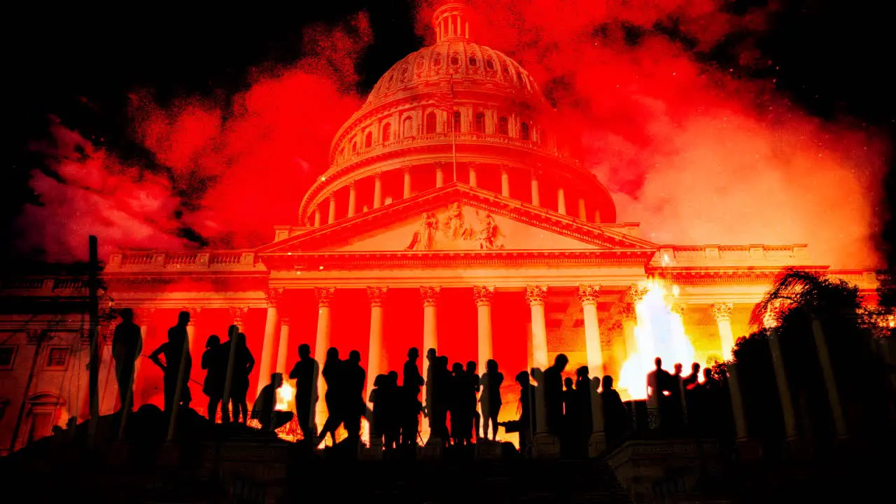 United States Capitol Building in flames of fire