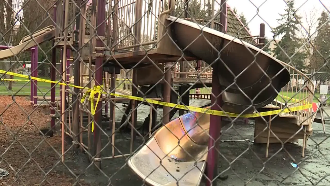 BURNT PLAYGROUND OFF LIMITS FROM FIRE