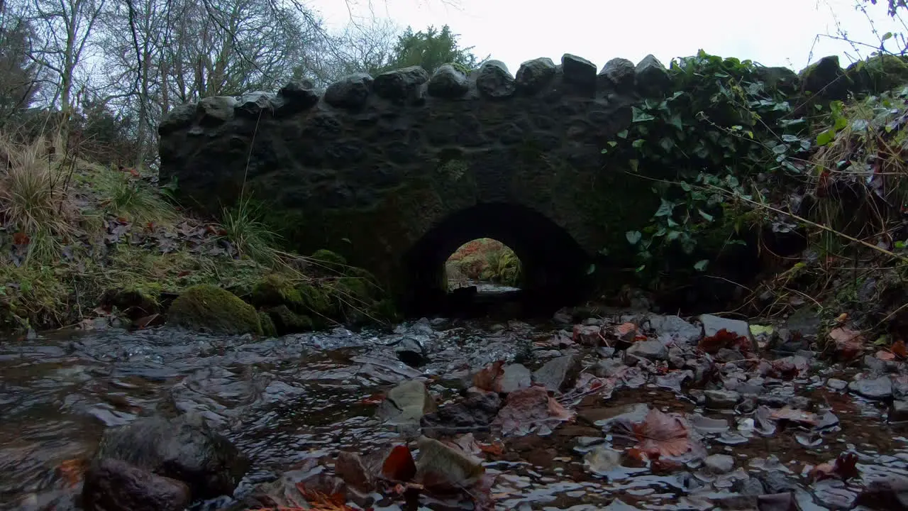 Stream running under and old stone bridge through a forest in the Kinross are of Central Scotland