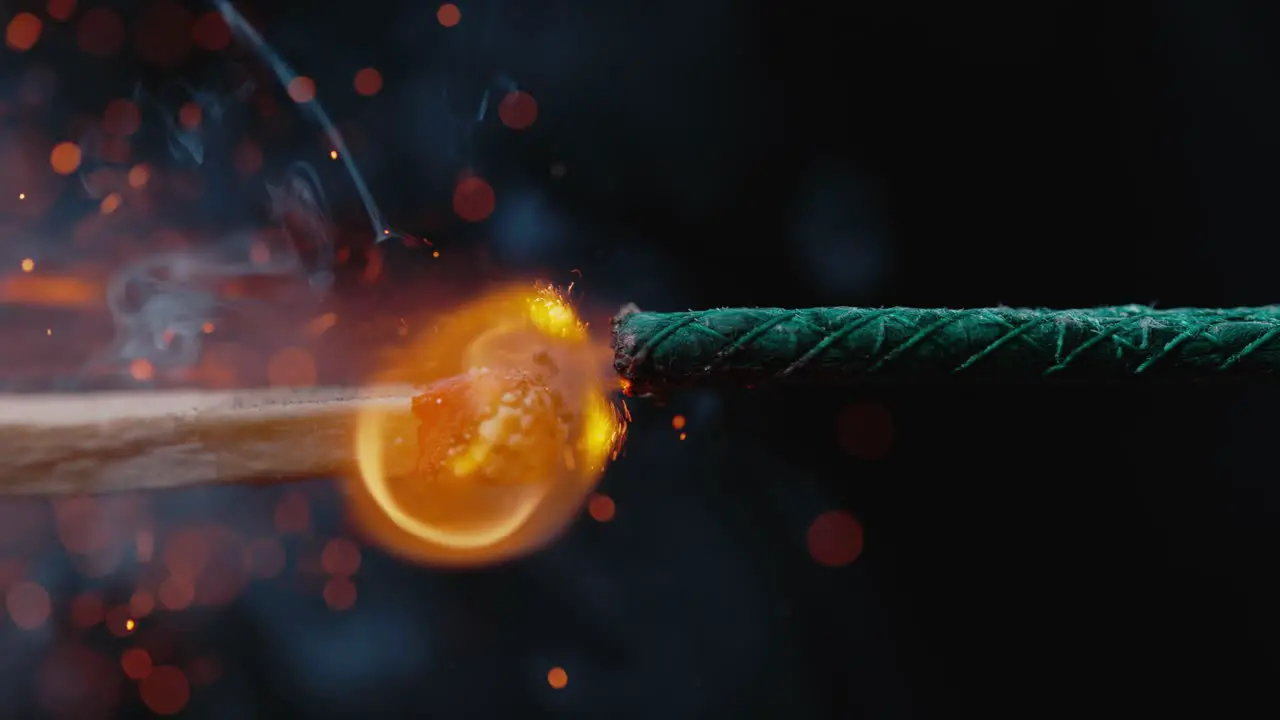 Close-Up View of a Match Lighting a Firework Fuse