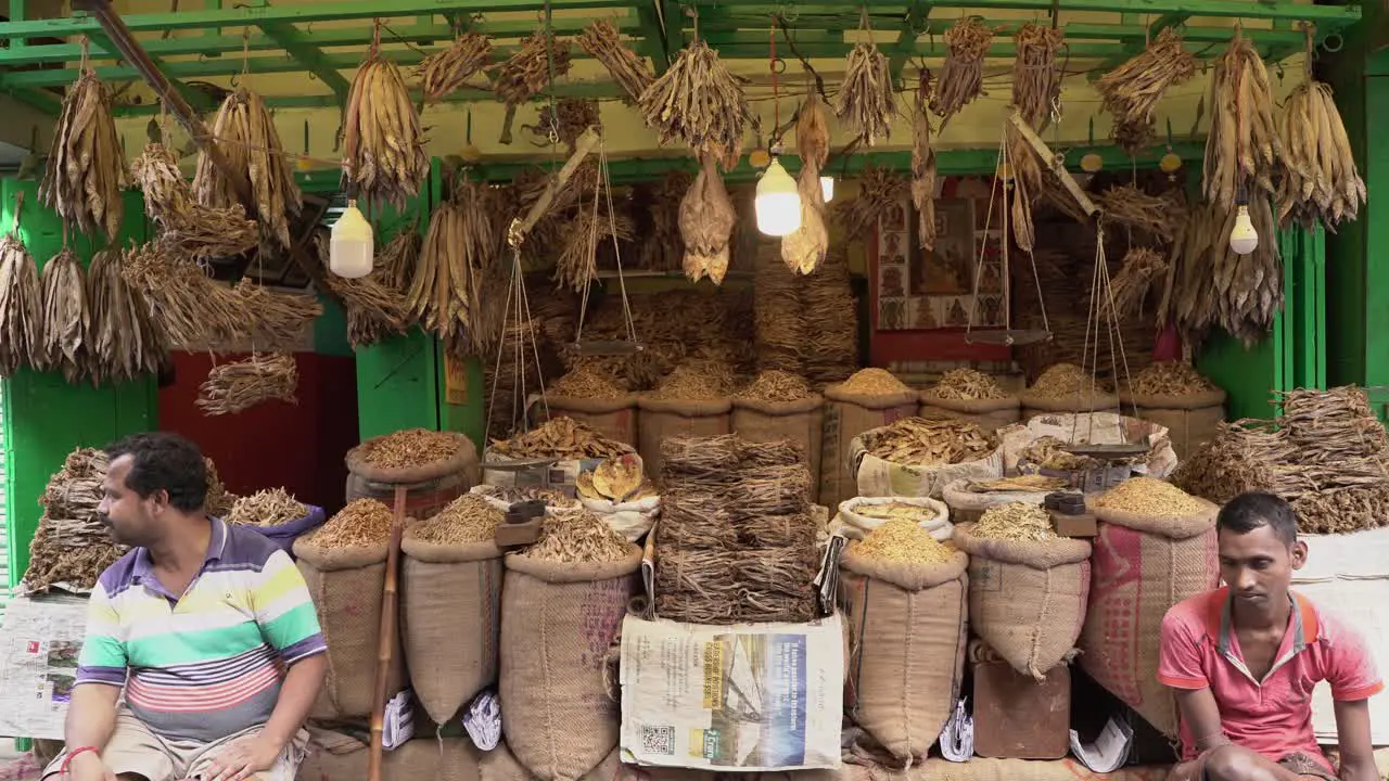 Selling dried fish in the market