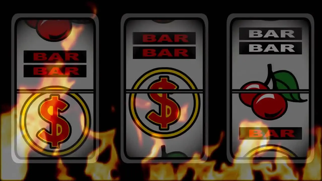 Slot machine winning animation against a burning background