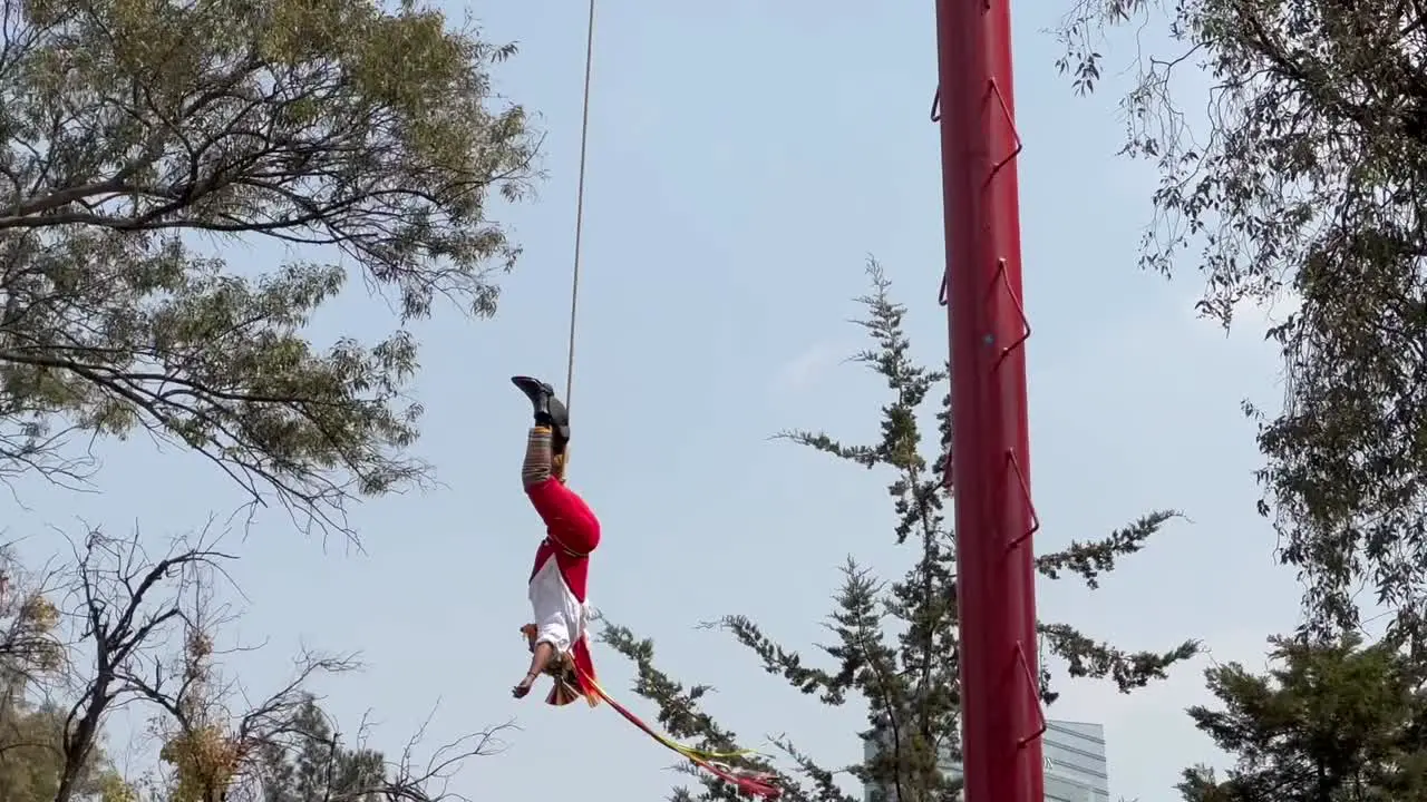 Following movement over a Papantla flyer while he is dancing