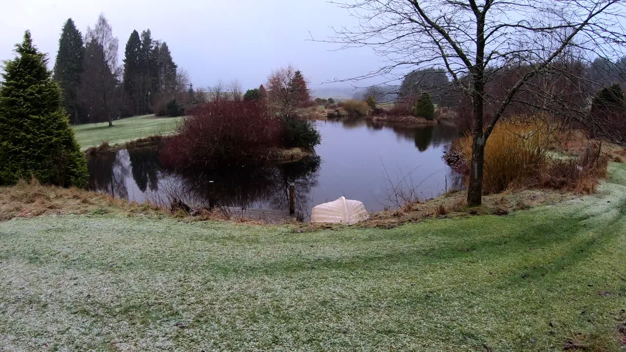 Snow falls over a loch in a Scottish country home in the Kinross area of Scotland