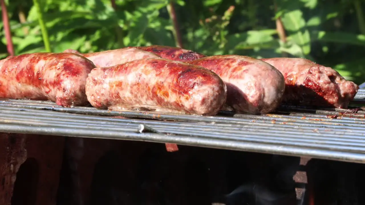 Sausages sizzling on barbecue close-up