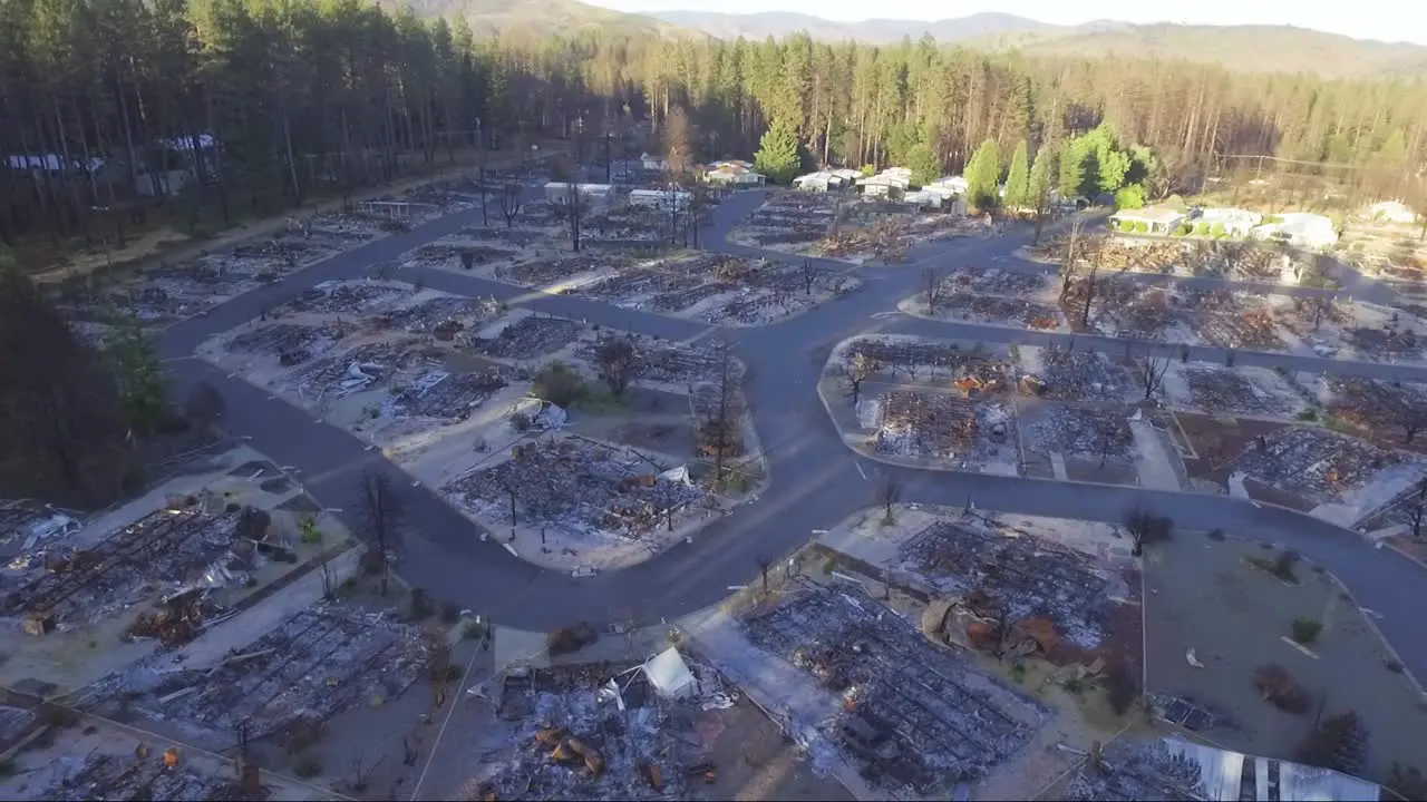 Drone flyover of a burned residential community in Paradise California