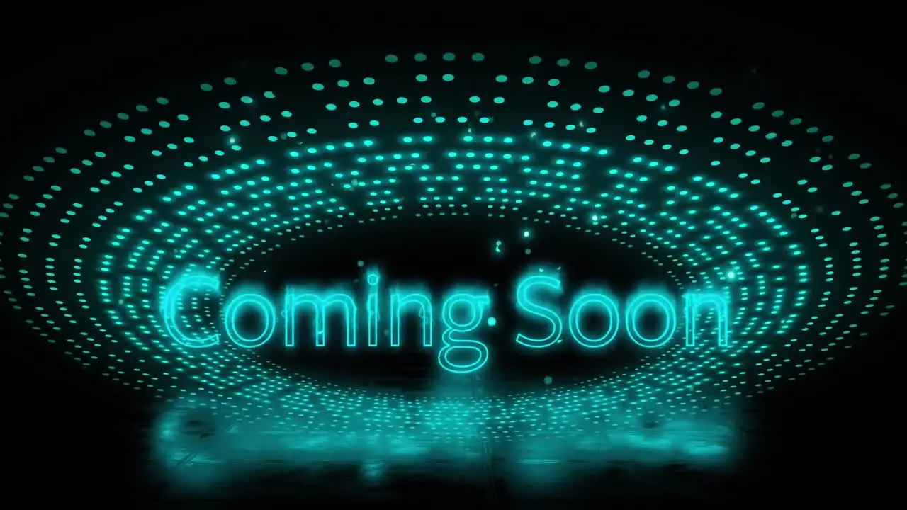 Animation of coming soon text over flashing blue light pattern