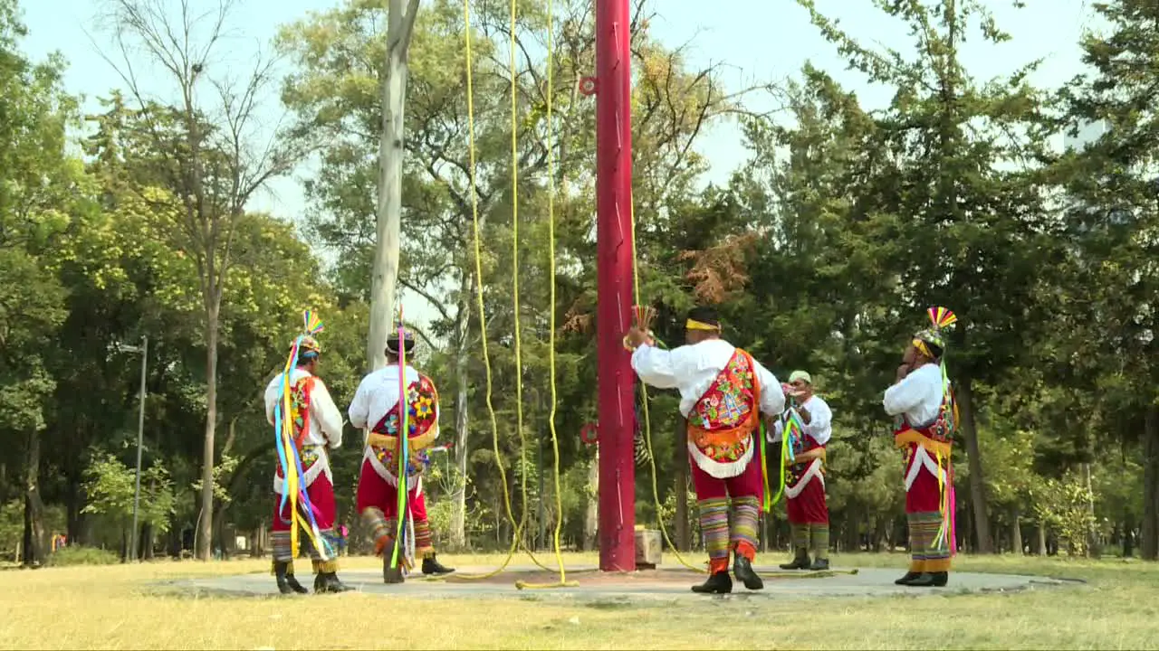 Papantla Flyers surrounding the principal pole before climbing it