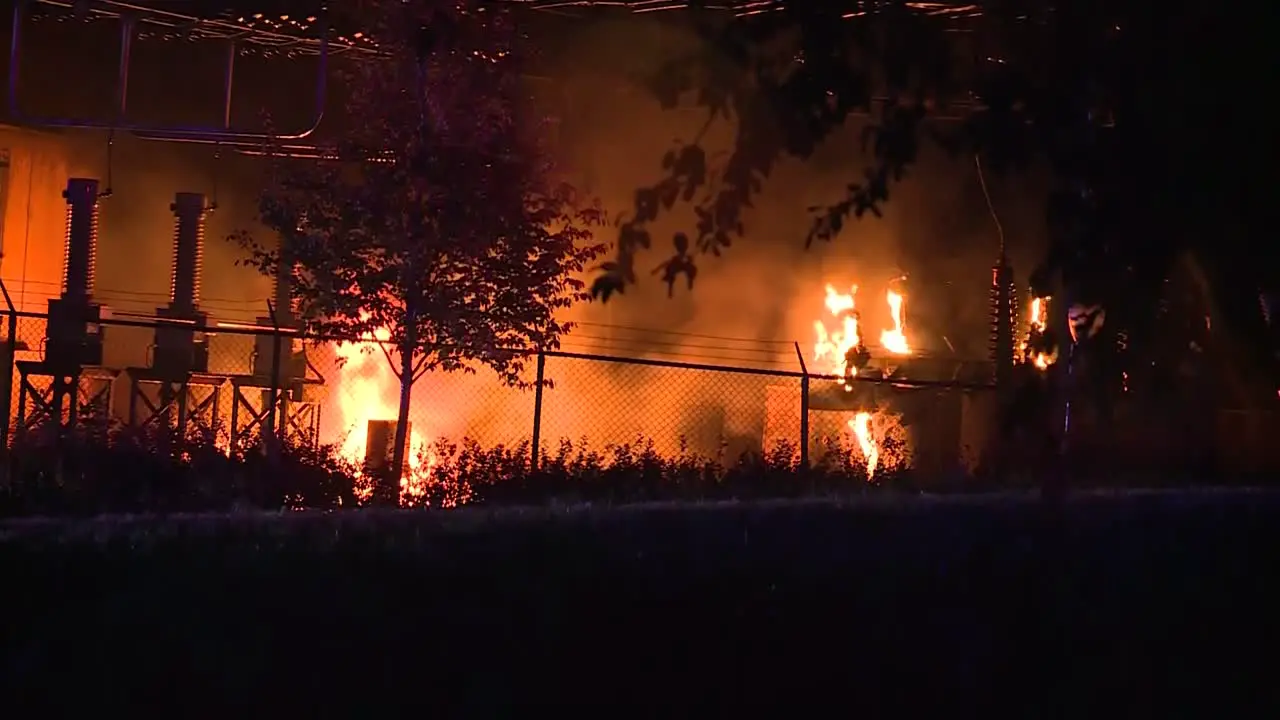 TRANSFORMER SUBSTATION FIRE AT NIGHT