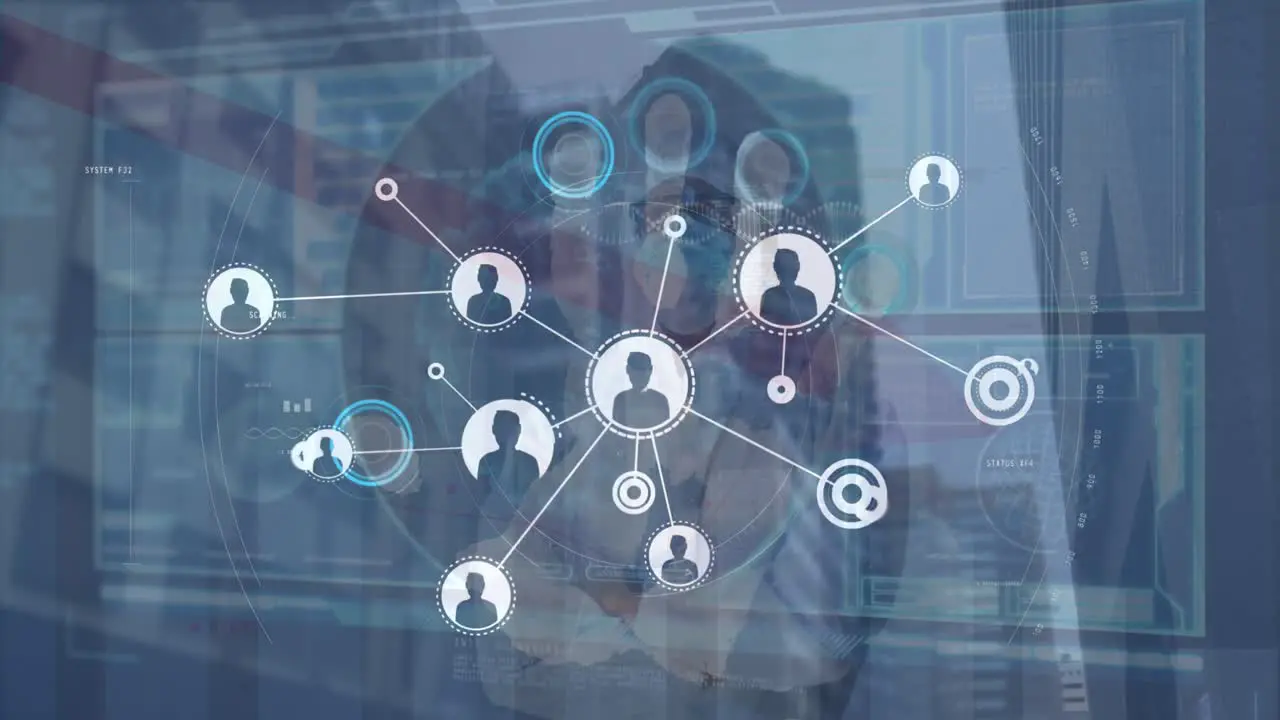 Animation of connections data processing on digital screen and hand of man using touchscreen