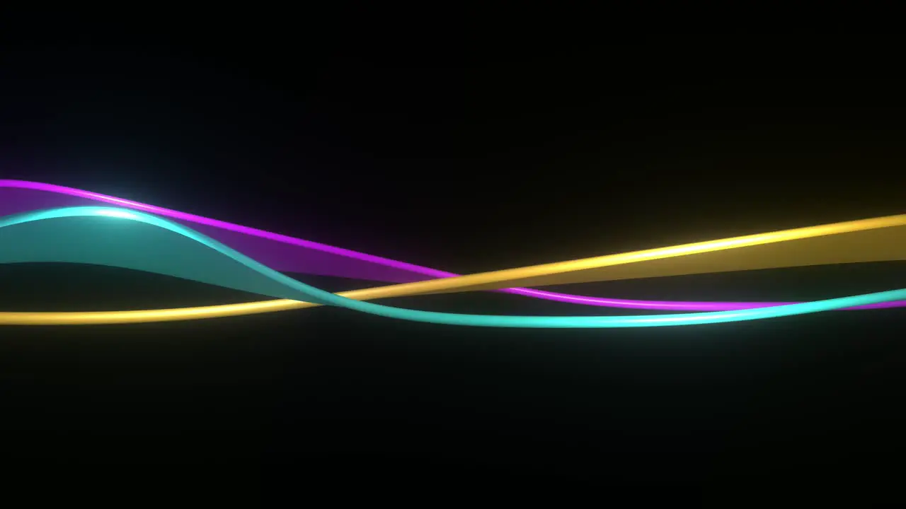 Animation of glowing banner flags in teal gold and pink on a black background