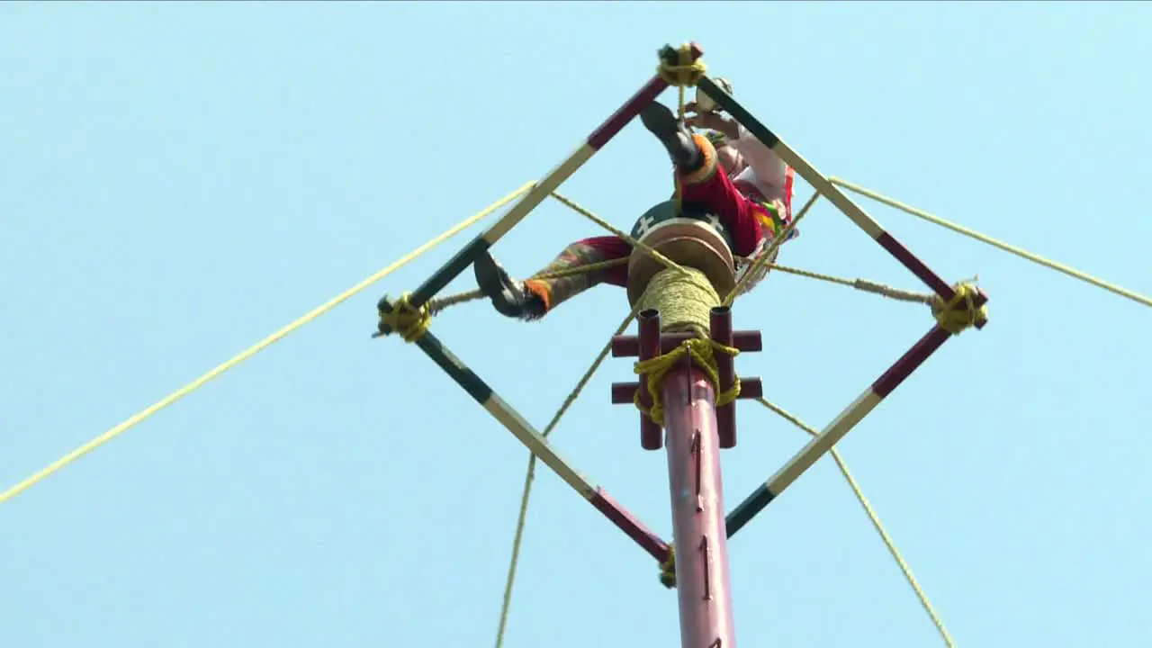 Papantla Flyer playing music while their partners are performing a traditional dance