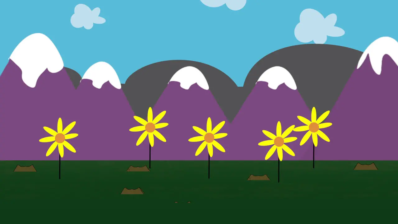 Cartoon animation background with flowers and mountain 1