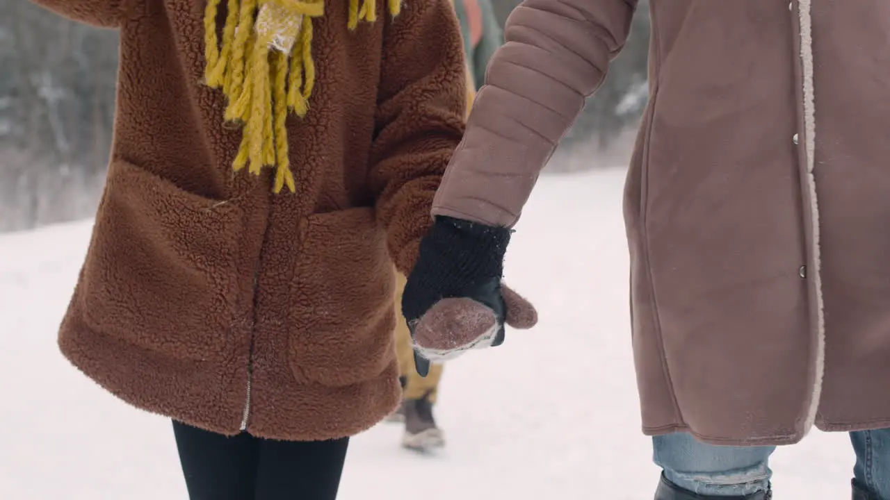 Camera Focuses On Mother And Daughter Holding Hands As They Walk In A Snowy Forest