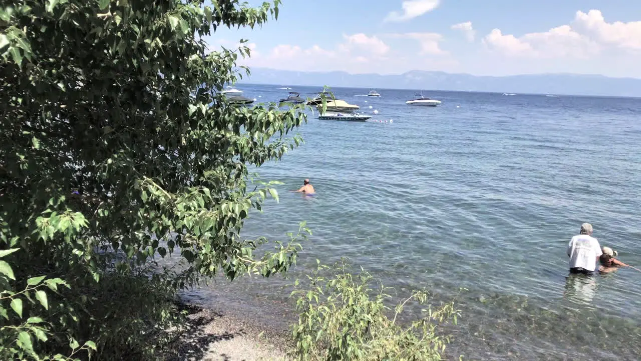 People play in the shallows of Lake Tahoe