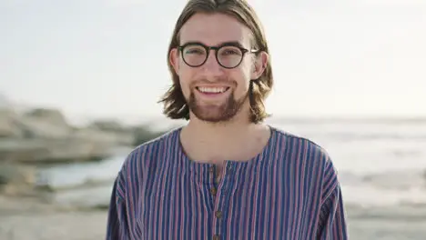 Man face and beach vacation for relaxation