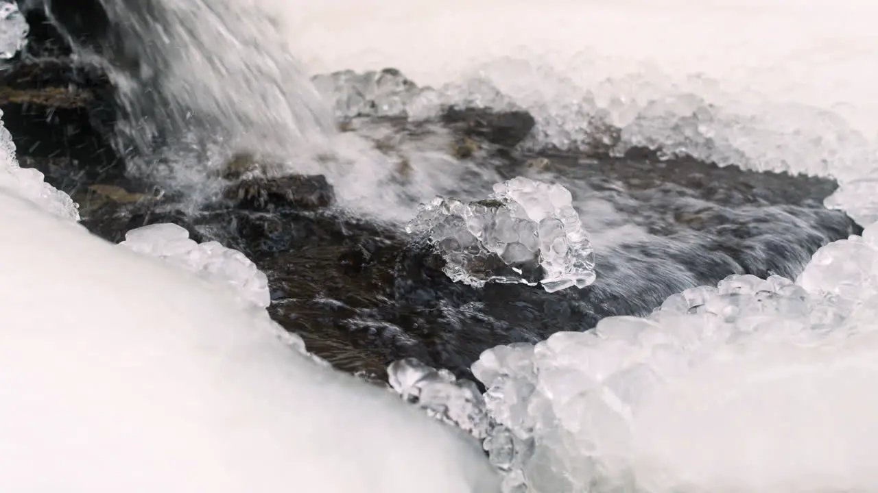 Close Up View Of Water Falling From A Small Waterfall In A Snowy Forest