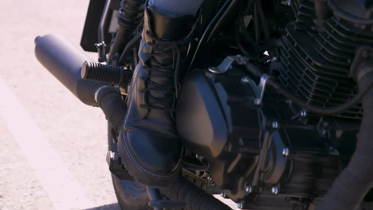 Close Up Of A Moto Biker Boot On A Motorcycle