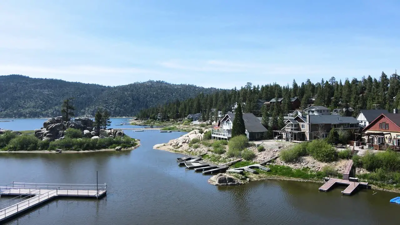 Aerial Shot of Beautiful Homes Along the Lakeshore in Big Bear Lake California