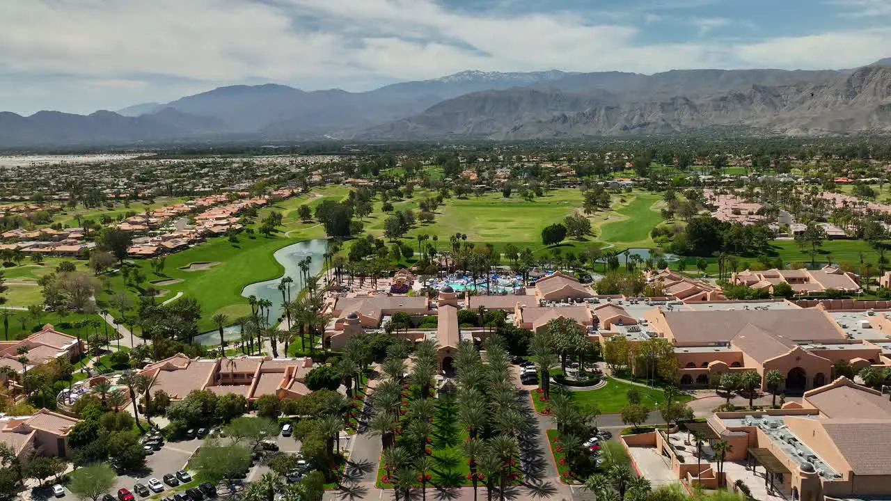 Drone view flying over the top of the Westin Rancho Mirage Golf Resort and Spa near Palm Springs California