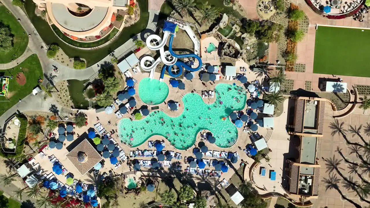 Drone view of the pool and slides at the Westin Rancho Mirage Golf Resort and Spa near Palm Springs CA