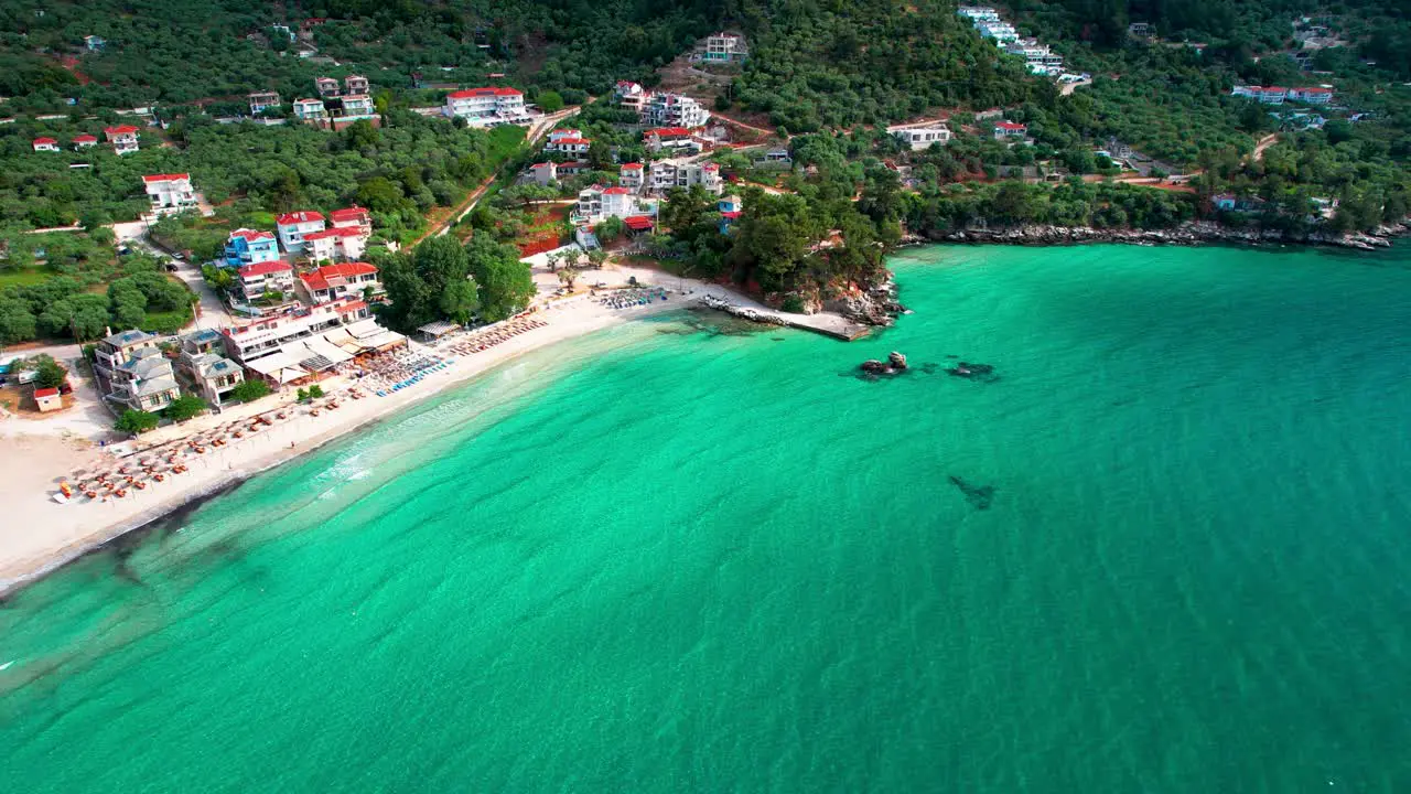 Aerial View Of The Beautiful Golden Beach With Vivid Turquoise Colors And Lush Vegetation Thassos Island Greece Europe