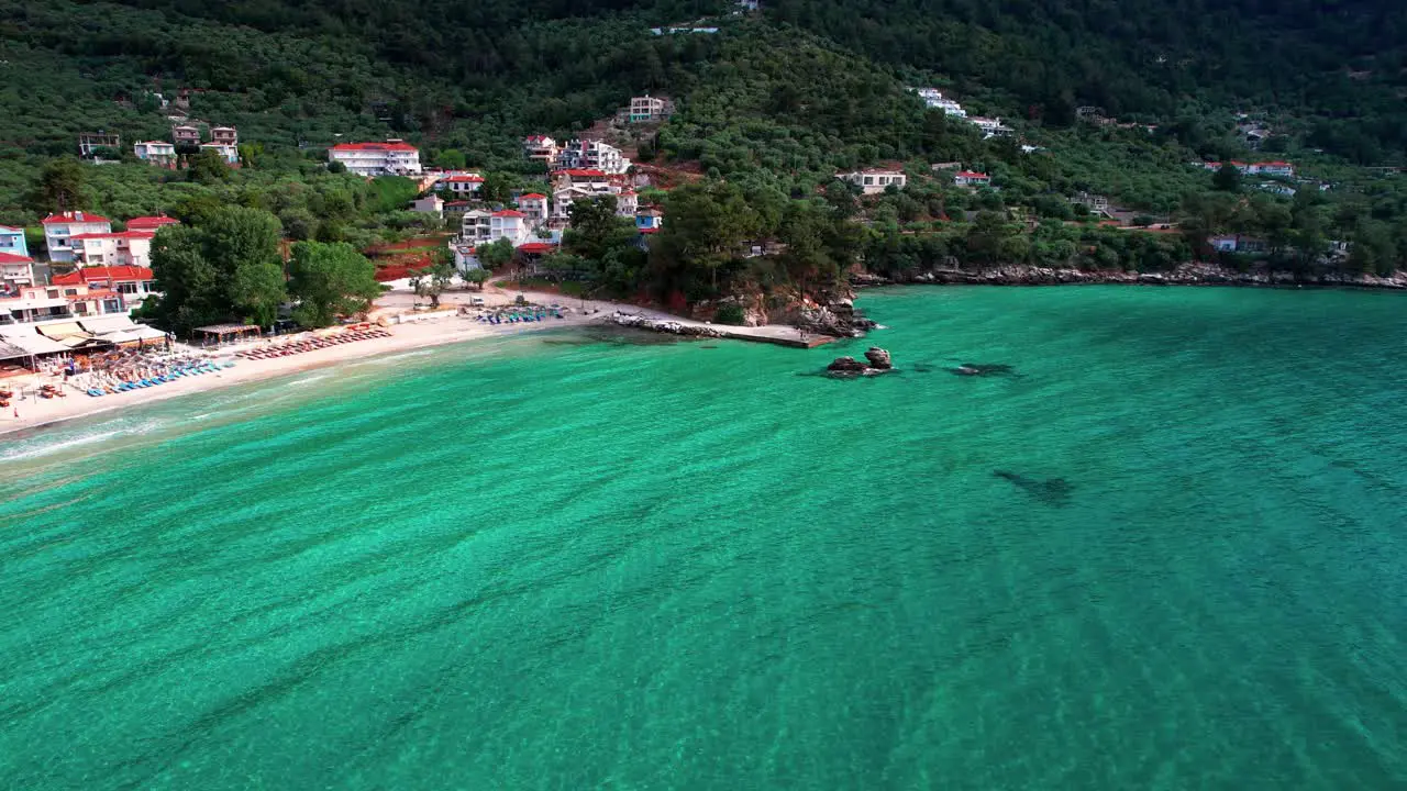 Top Down View Of The Beautiful Golden Beach With Vivid Turquoise Watercolour And Lush Vegetation Thassos Island Greece Europe