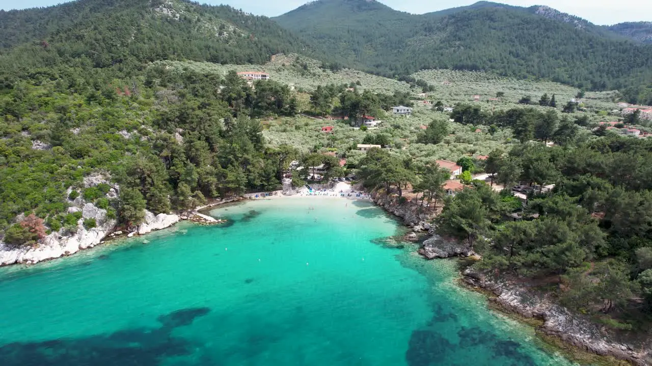 Panoramic View Of Glifoneri Beach Crystal Clear Water White Sand And Green Trees Thassos Island Greece Europe