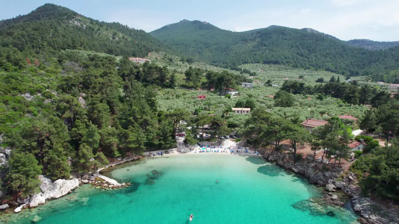 Top Down View Over Glifoneri Beach With White Sand Turquoise Water And Lush Vegetation Thassos Island Greece Europe