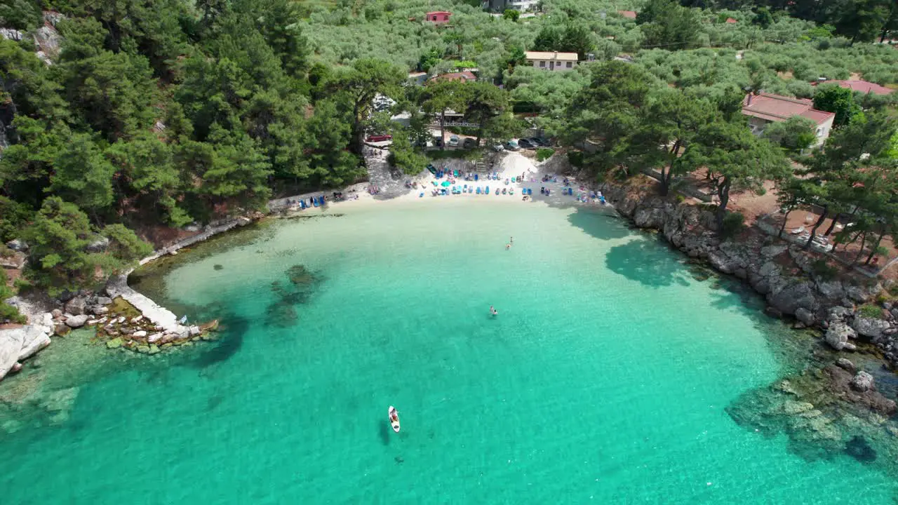 Cinematic Slow Drone Movement Revealing Glifoneri Beach With White Sand Clear Water And Lush Vegetation Thassos Island Greece Europe