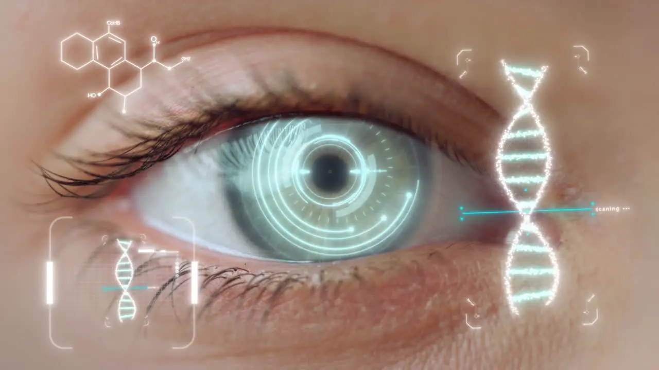 Closeup eye DNA hologram checking process device collecting biometrical data