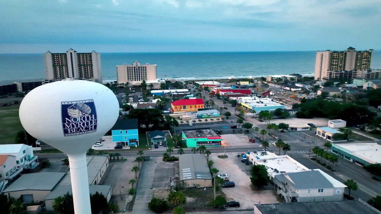 aerial of north myrtle beach orbit of water tower