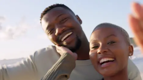 Selfie love and black influencer couple on beach