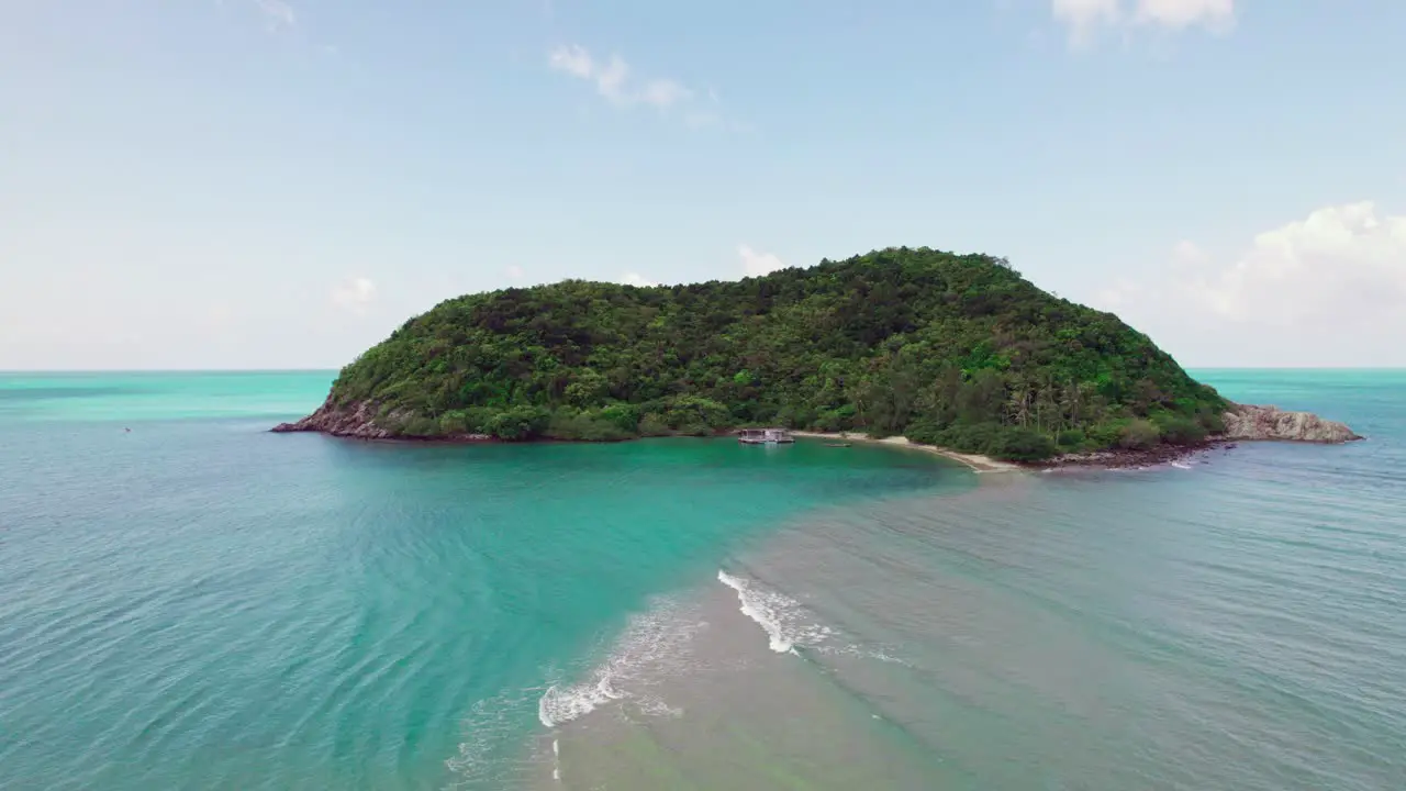 4k Aerial Drone Footage of Mae Haad and Koh Ma on Koh Phangan Island Thailand Pull Back to Reveal Tourists Walking on Sandbar