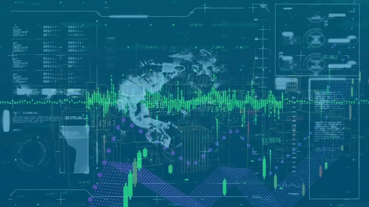 Animation of data processing globe and graphs on blue digital screen