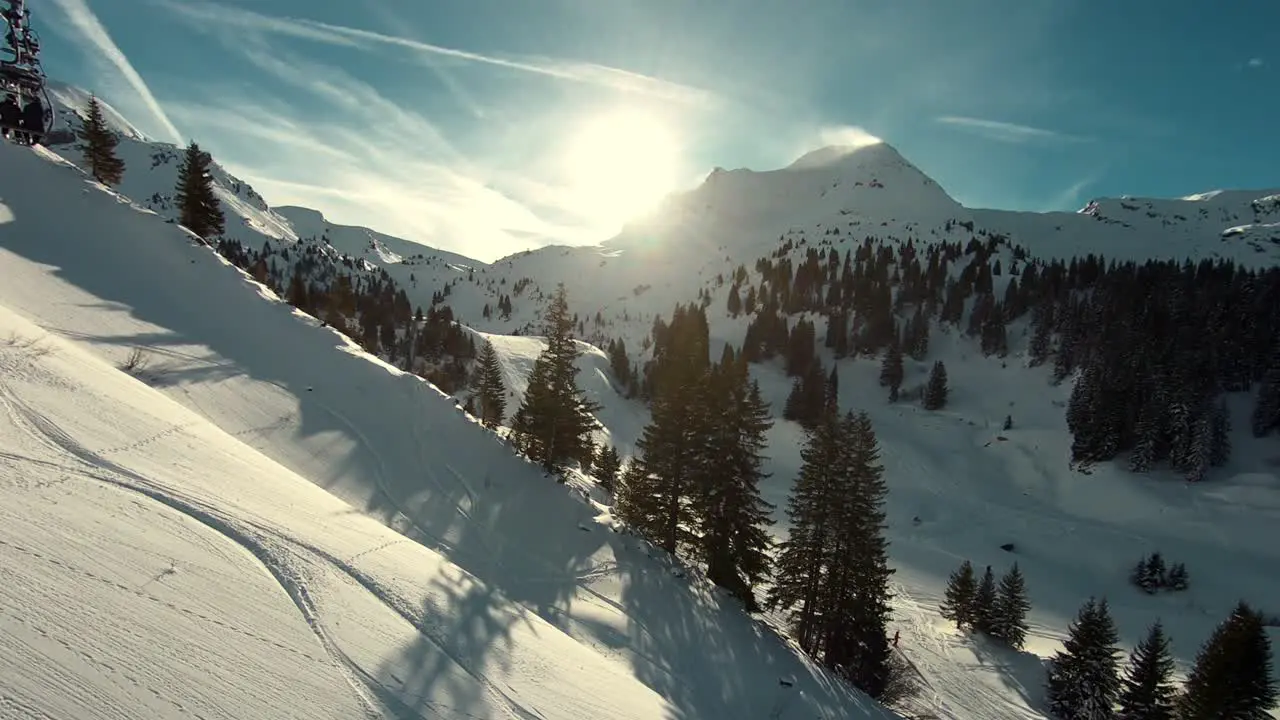 Fresh Powder Snow Ski Slopes in European Alps Mountains Beautiful Aerial