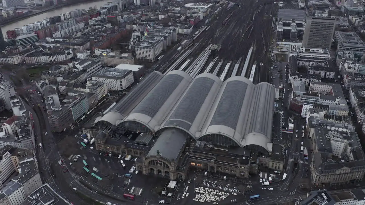 High angle view of train station building Historic Hauptbahnhof in urban neighbourhood Multitrack terminal station Frankfurt am Main Germany