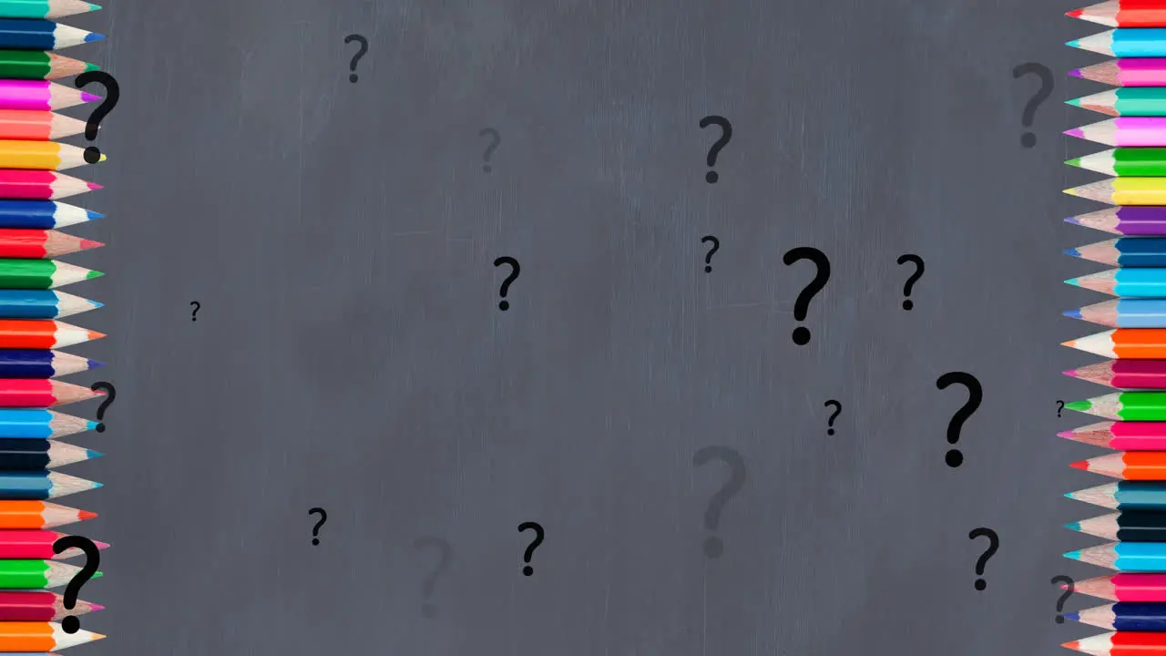 Animation of question marks over crayons on grey background