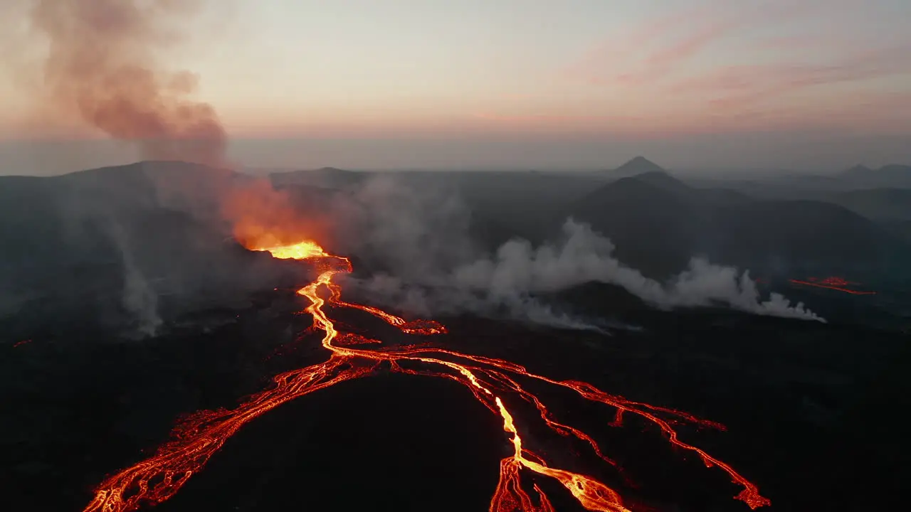 Panoramic aerial view of morning landscape with flowing molten lava streams Fagradalsfjall volcano Iceland 2021