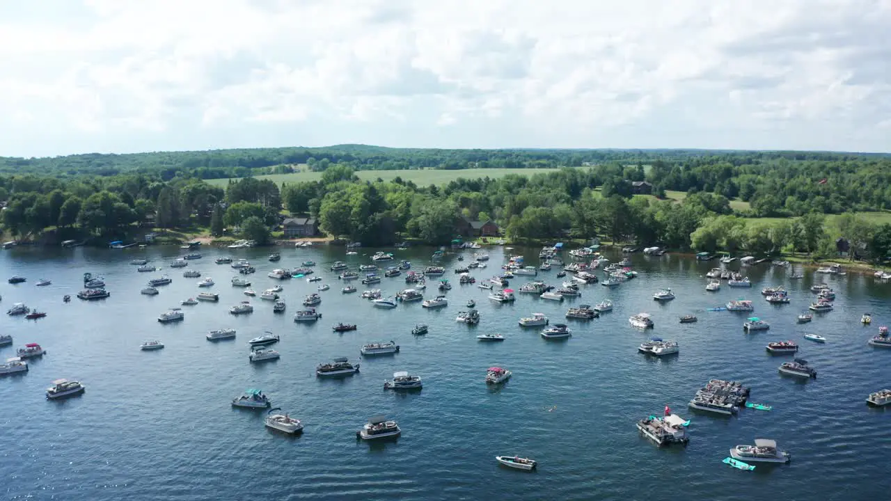 Aerial lake crowded with party motor boats during college spring summer break