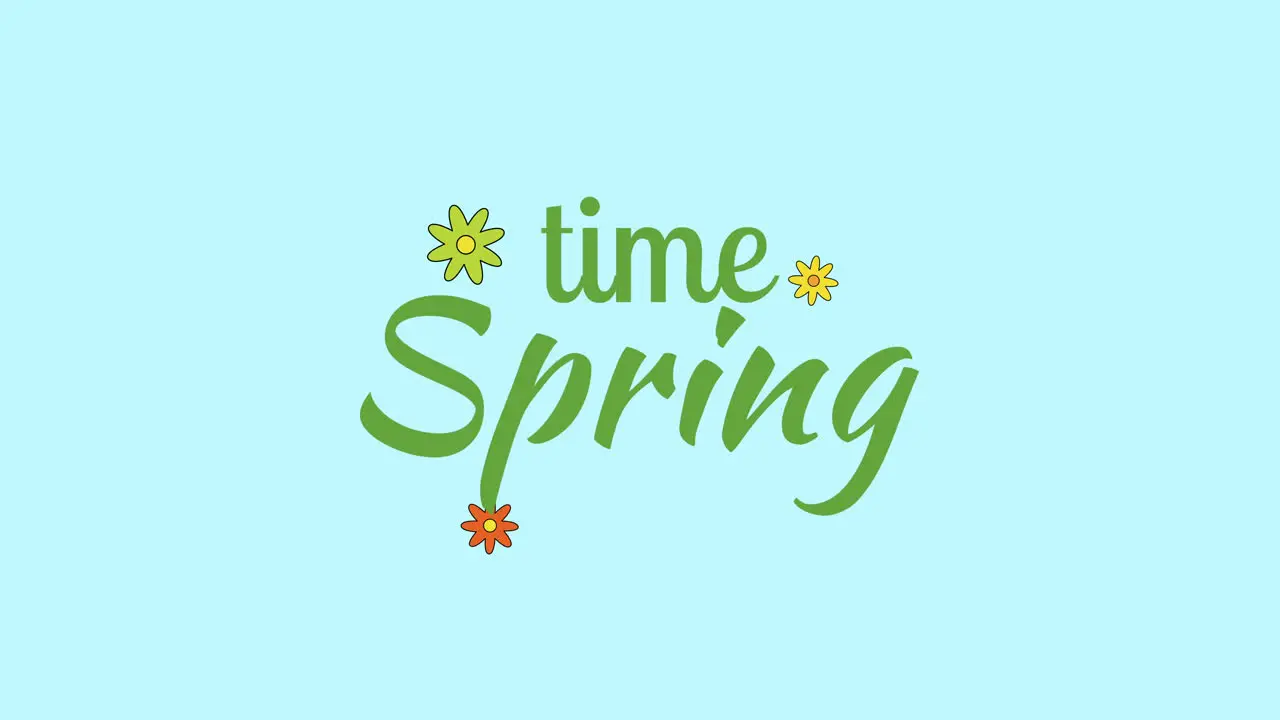 Spring Time vibrant handwritten text in green and yellow on blue background