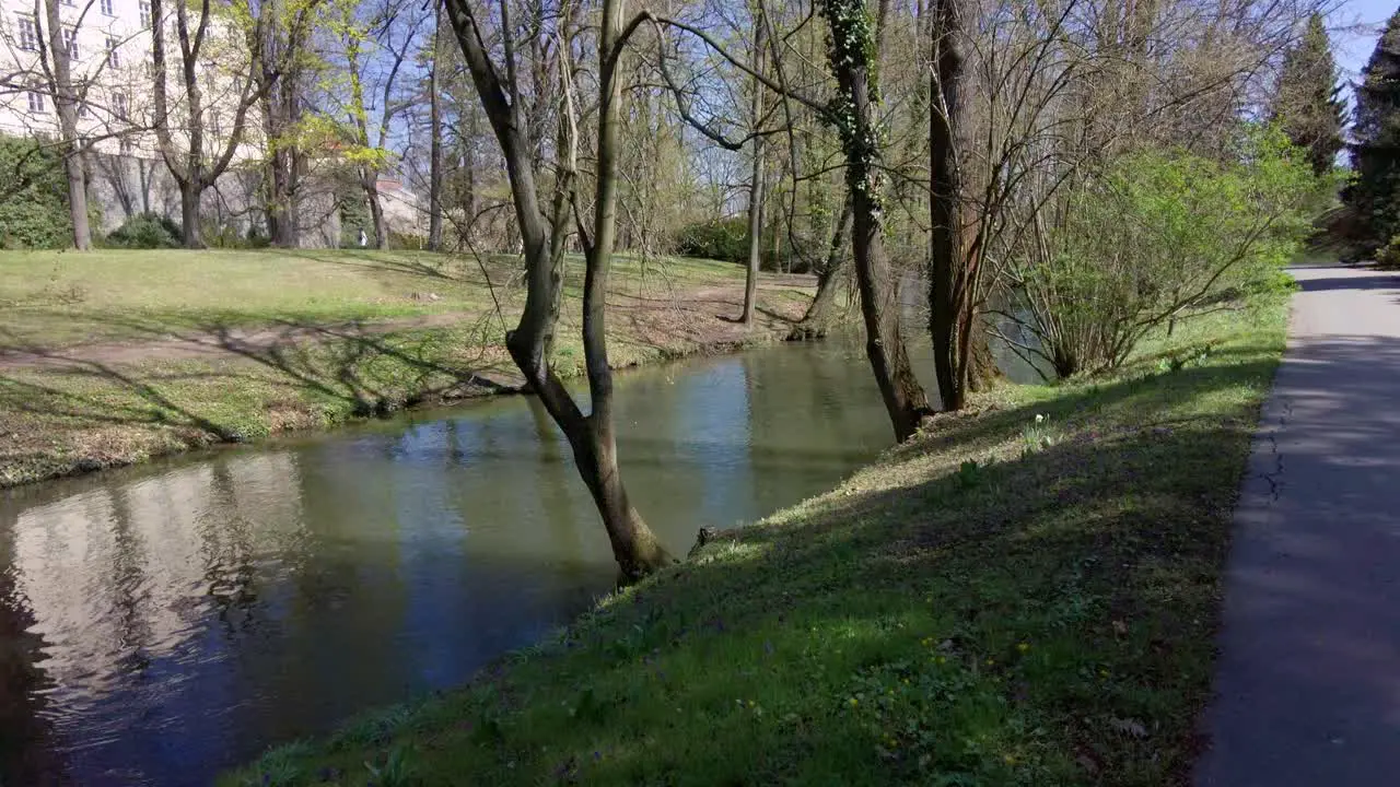 Flowing river with banks overgrown with grass and trees in the background people passing by the historic walls and buildings Olomouc