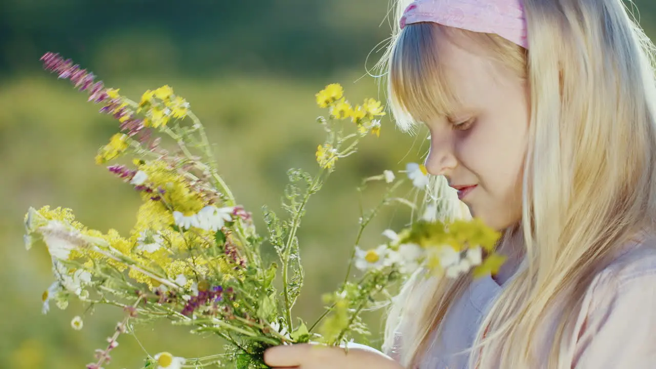 Cute Little Girl Collects Composition From Wild Flowers On A Background Of Green Landscape