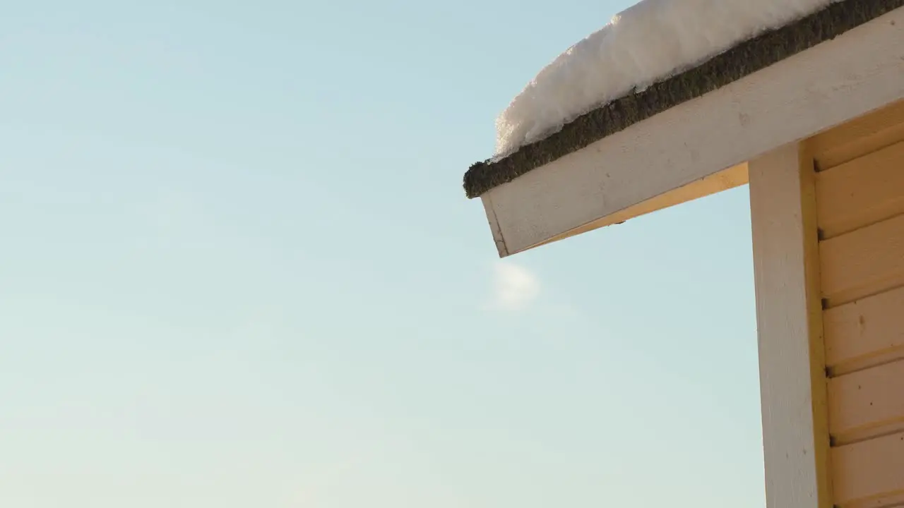 Water drops falling from a snowy roof on a sunny afternoon