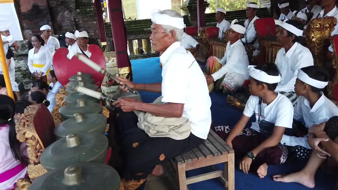 Traditional Orchestra Plays Gamelan Music at Hindu Temple Ceremony in Bali Indonesia Elder Musicians and Local Family in Gianyar