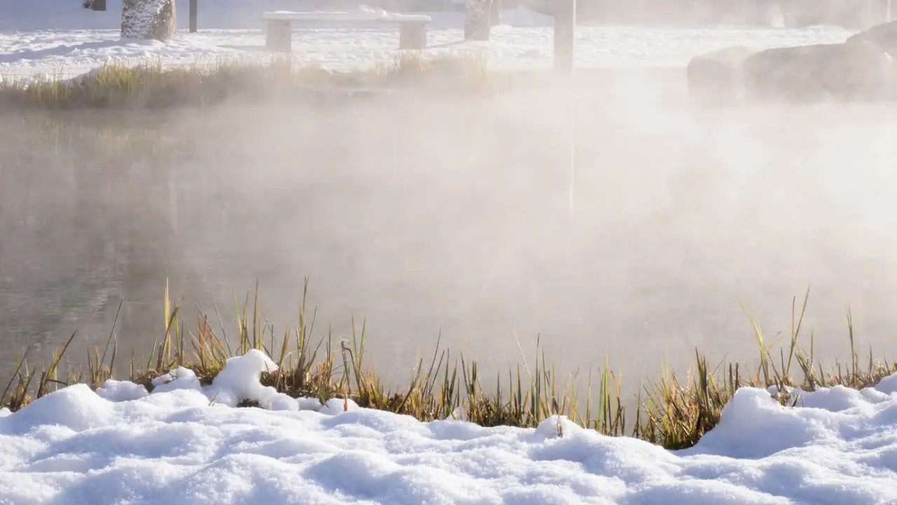 Steam and water vapors arising from natural hot thermal spring during extreme winters