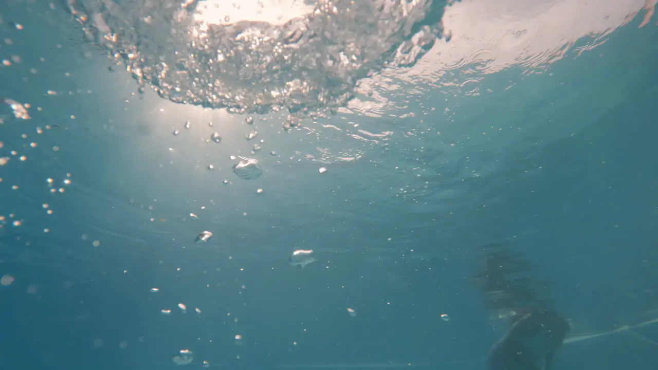 Cinematic slow motion shot of air bubbles in clear waters with the sun above the sea surface 4K 120FPS Slomo